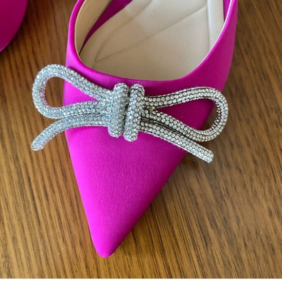 ZARA Fuchsia Pink Satin Embellished Crystal Bow Sling Back Heels - Picture 3 of 16